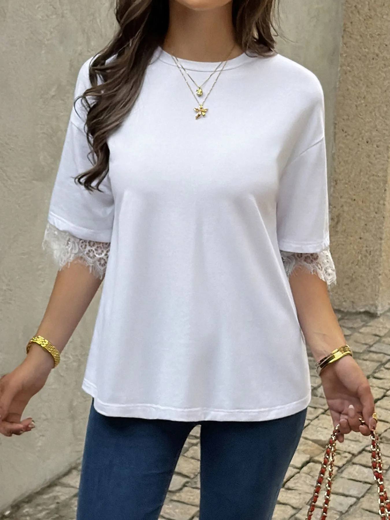 Lace Trimmed Casual T-Shirt