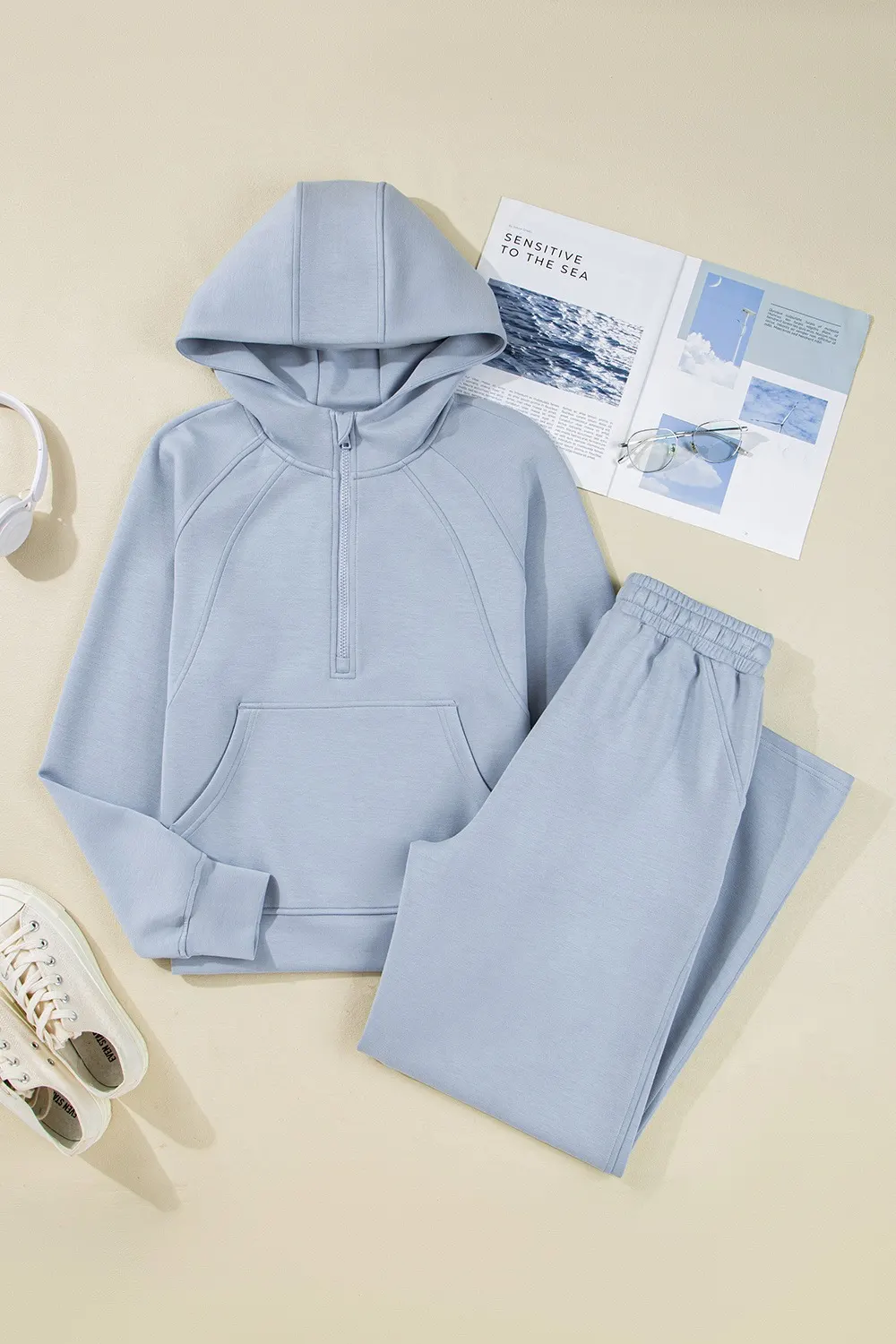 Half Zip Thumbhole Sleeve Hoodie and Pants 2pcs Outfit 3