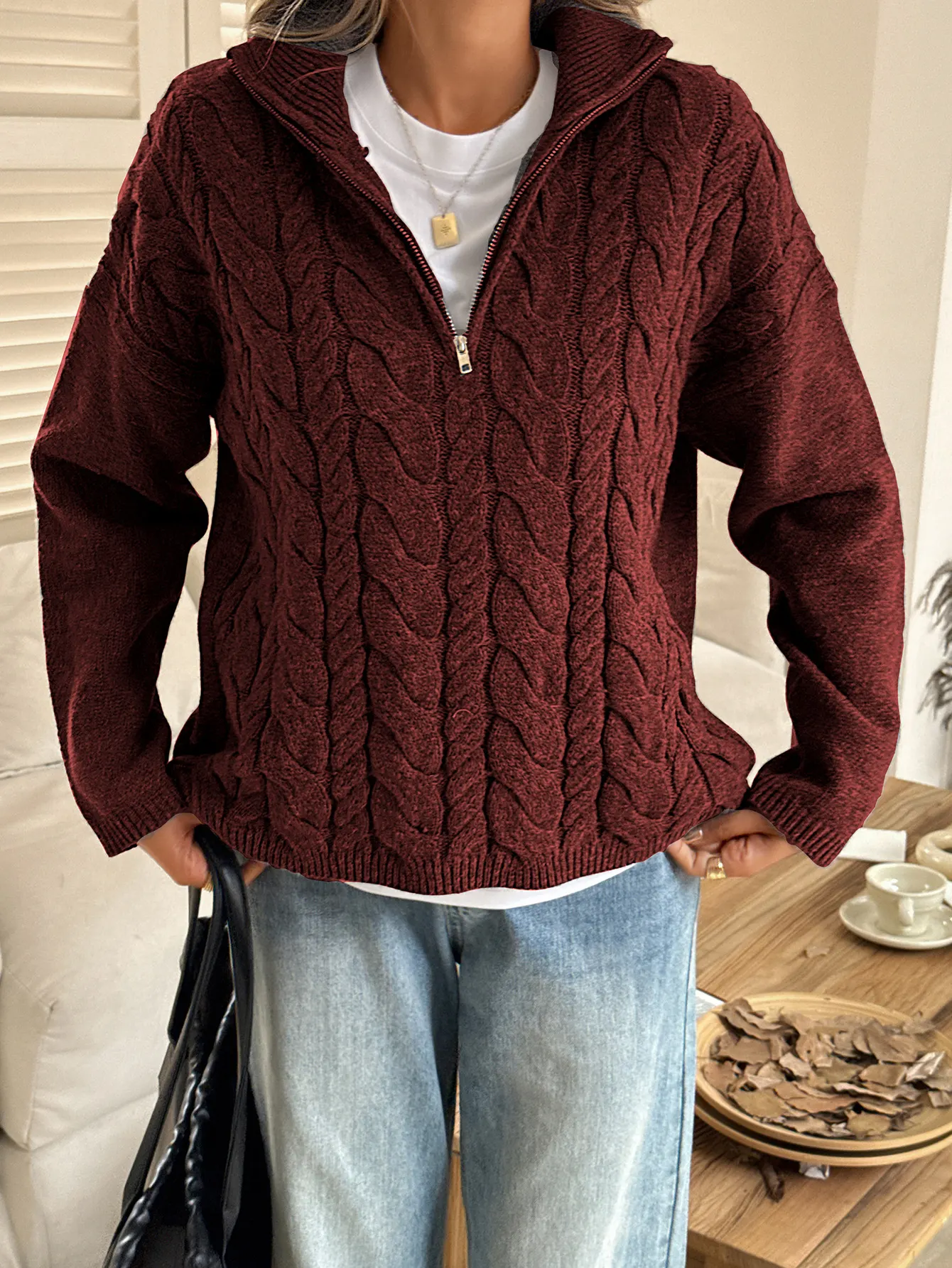 Zip Collar Cable-Knit Sweater 7