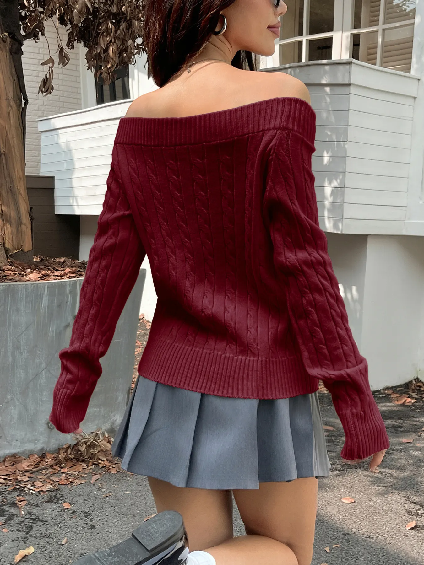 Off-Shoulder Cable Knit Sweater 9