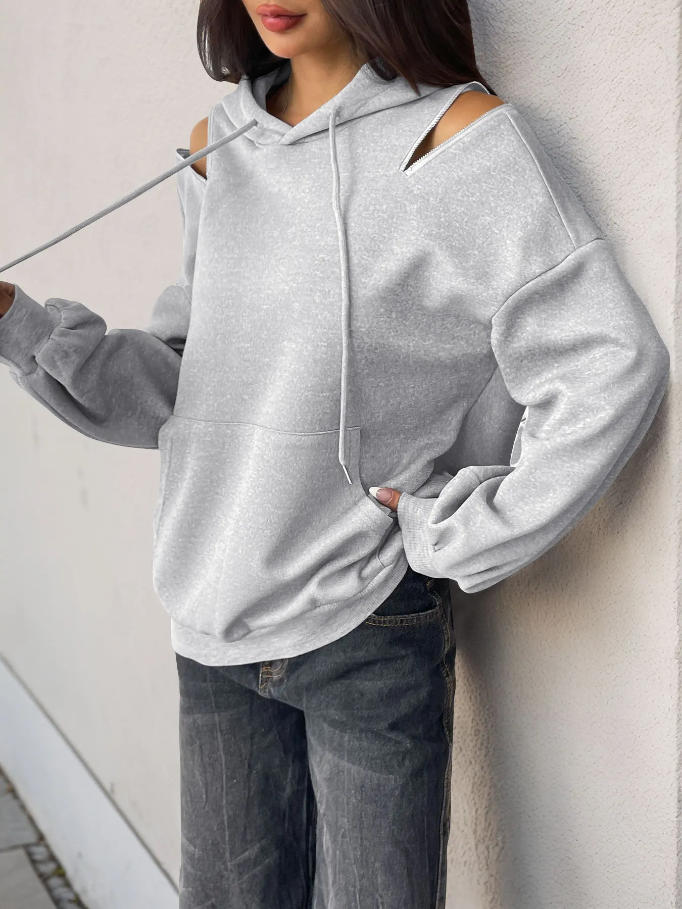 Drawstring Zip Detail Cold Shoulder Hoodie 3