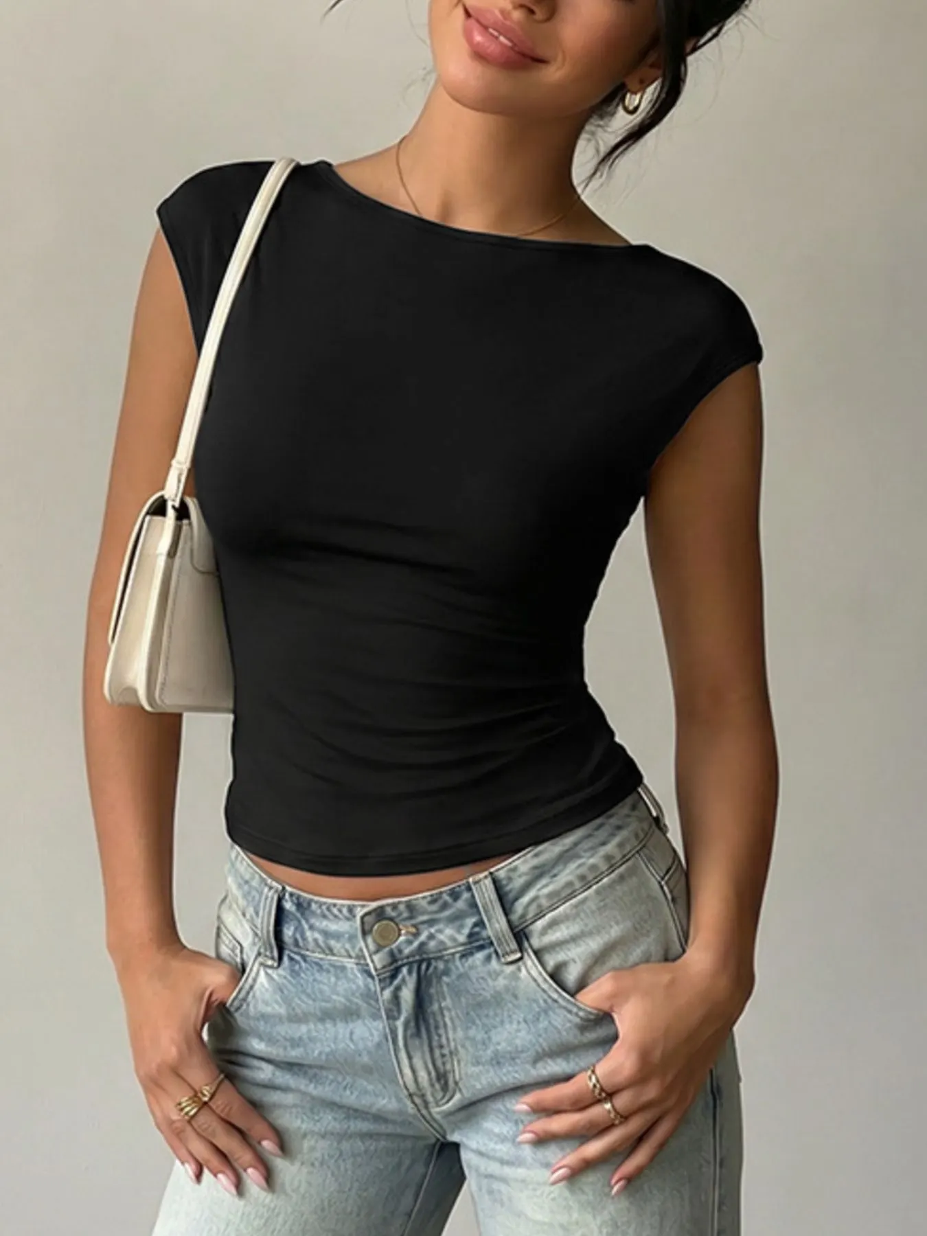 Lace Detail Cap-Sleeve T-Shirt