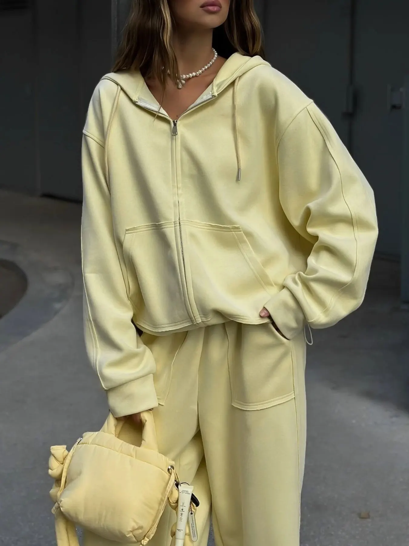 Oversized Zip-Up Hoodie and Wide-Leg Pants Set 24