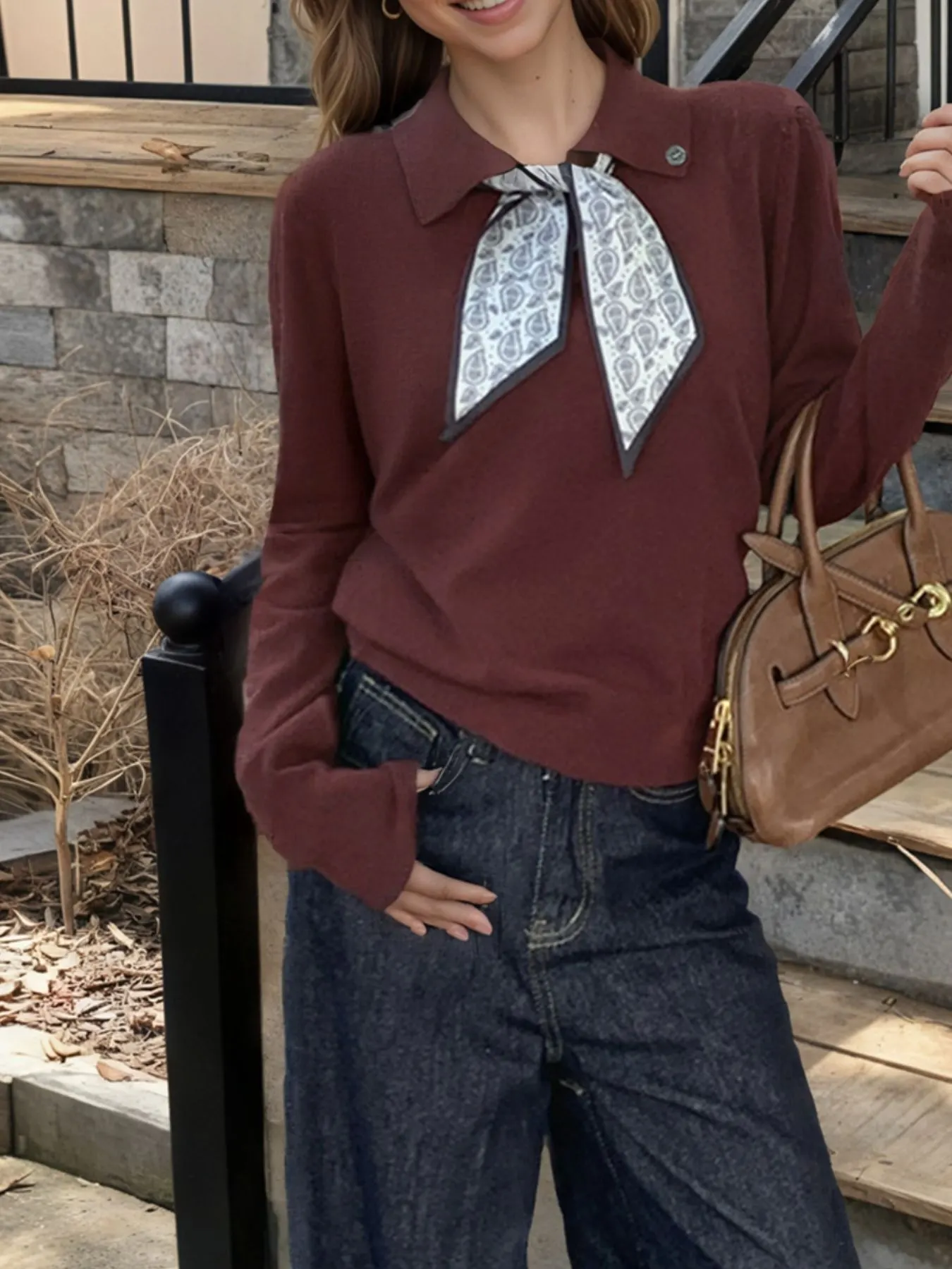 Scarf-Accented Long Sleeve Sweater 8