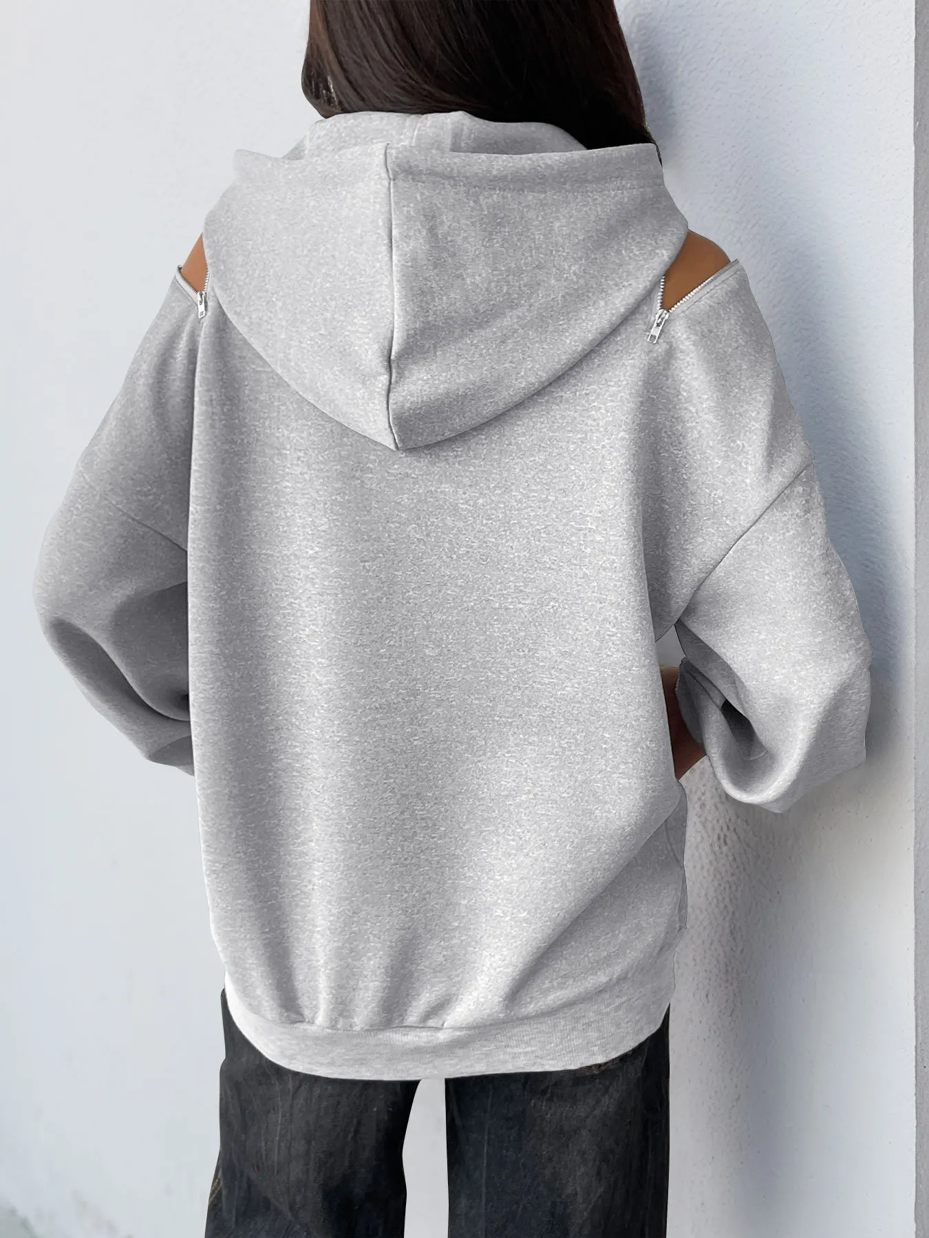 Drawstring Zip Detail Cold Shoulder Hoodie 4
