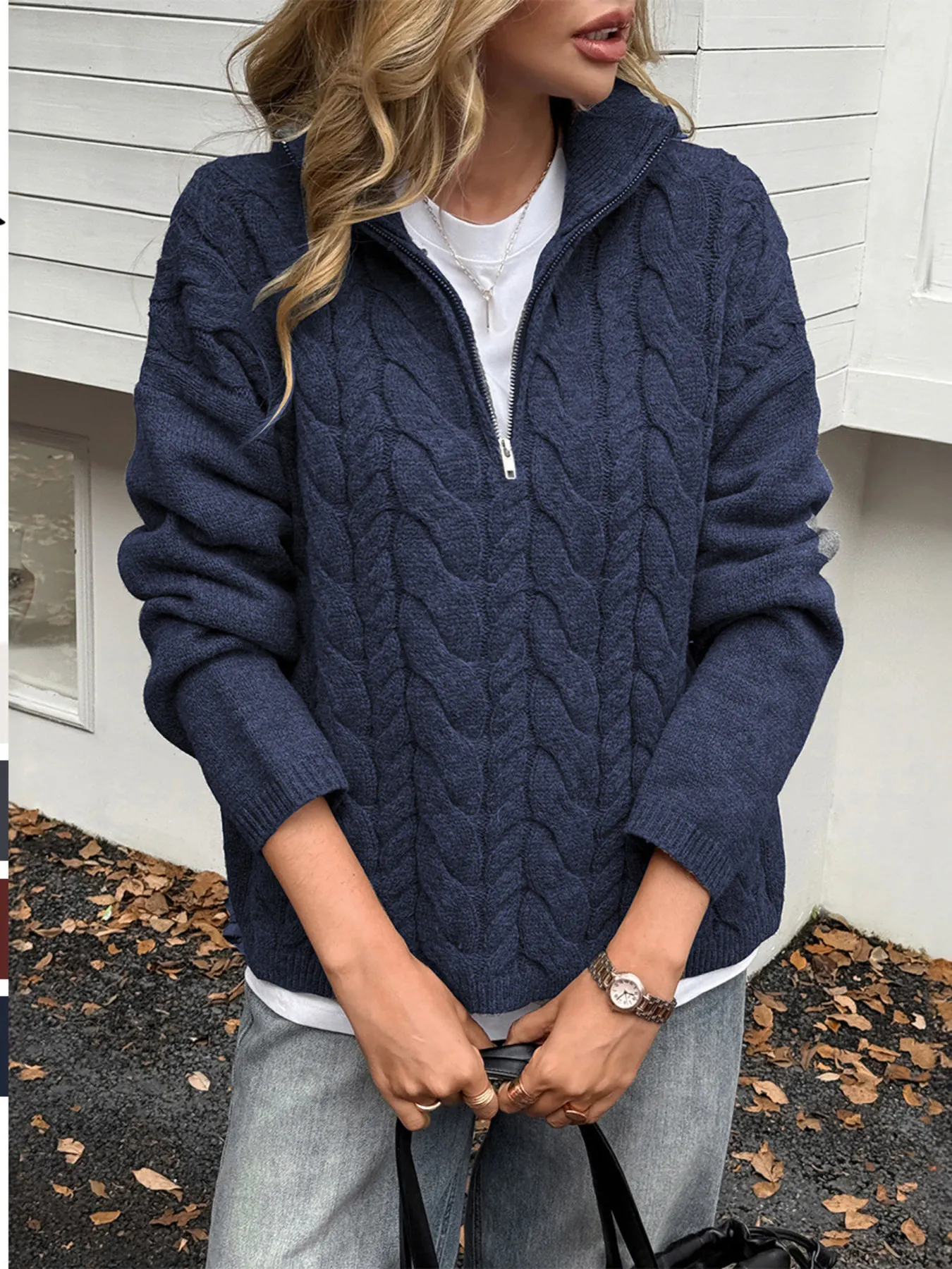 Zip Collar Cable-Knit Sweater 9