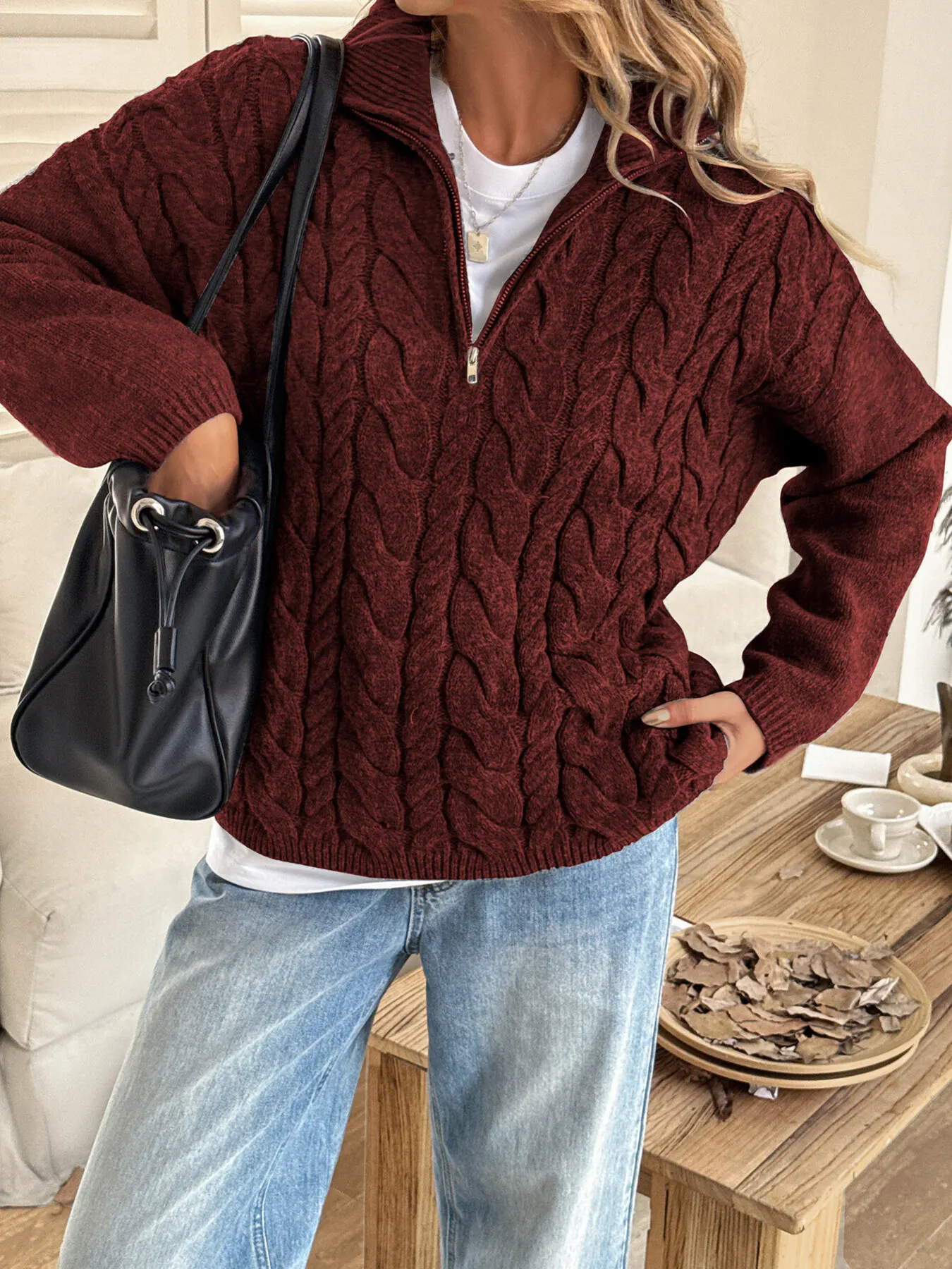 Zip Collar Cable-Knit Sweater 6