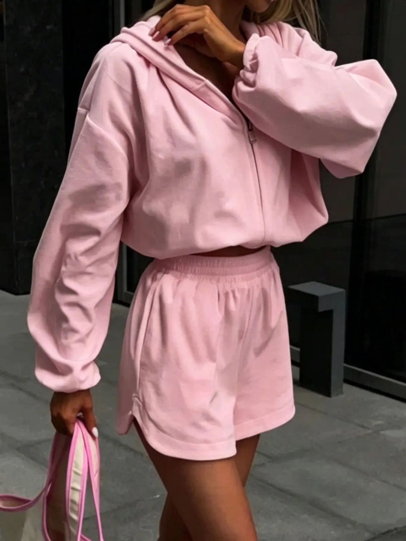 Long Sleeve Zip-Up Hoodie and Shorts Set 9