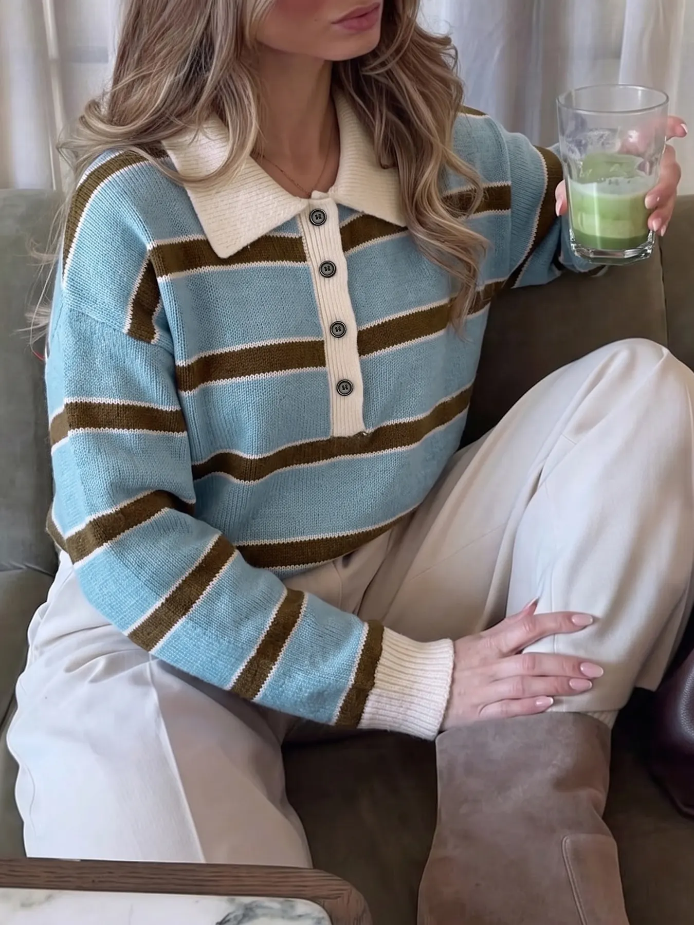 Striped Polo Collar Sweater 16