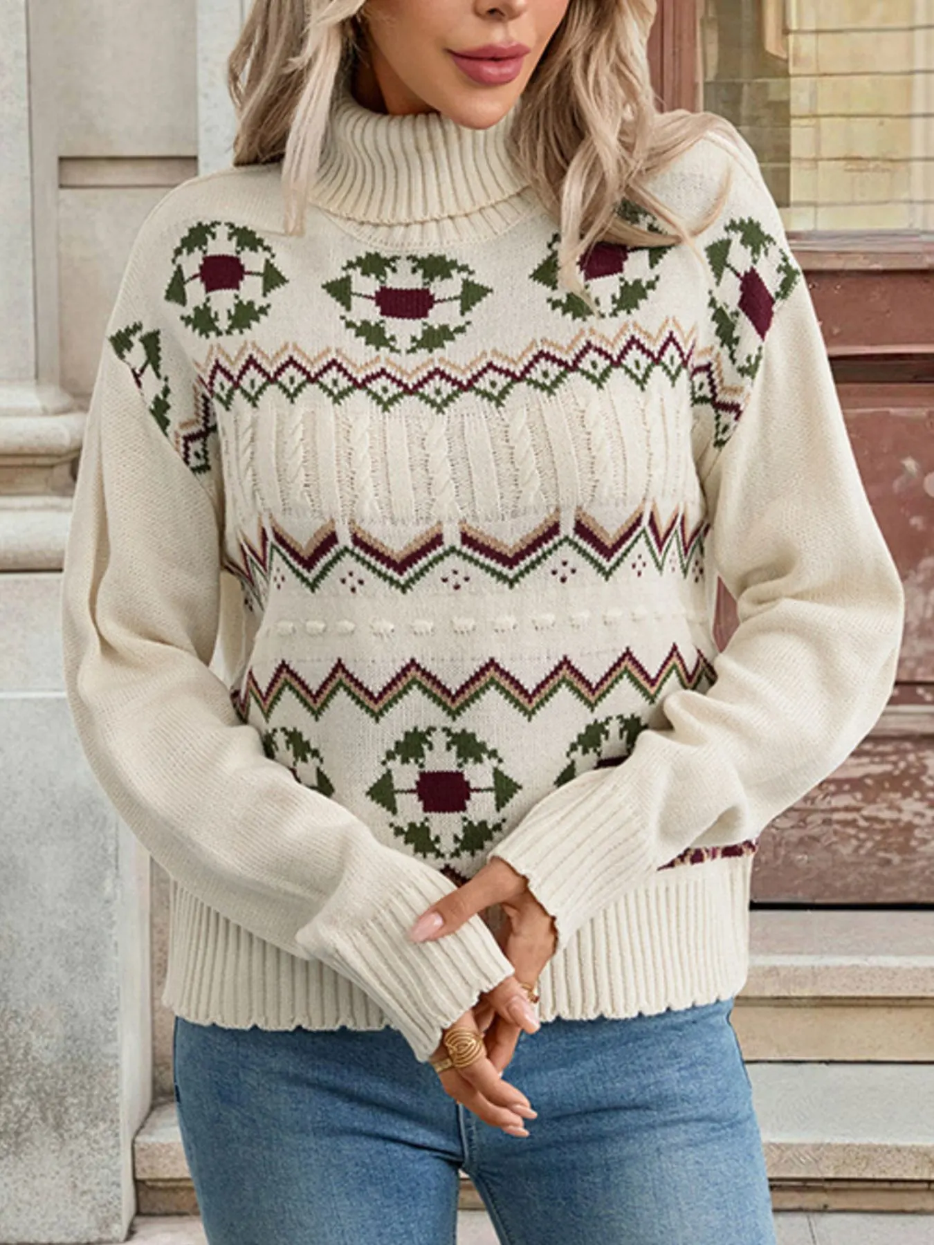 Geometric Turtleneck Long Sleeve Sweater 4