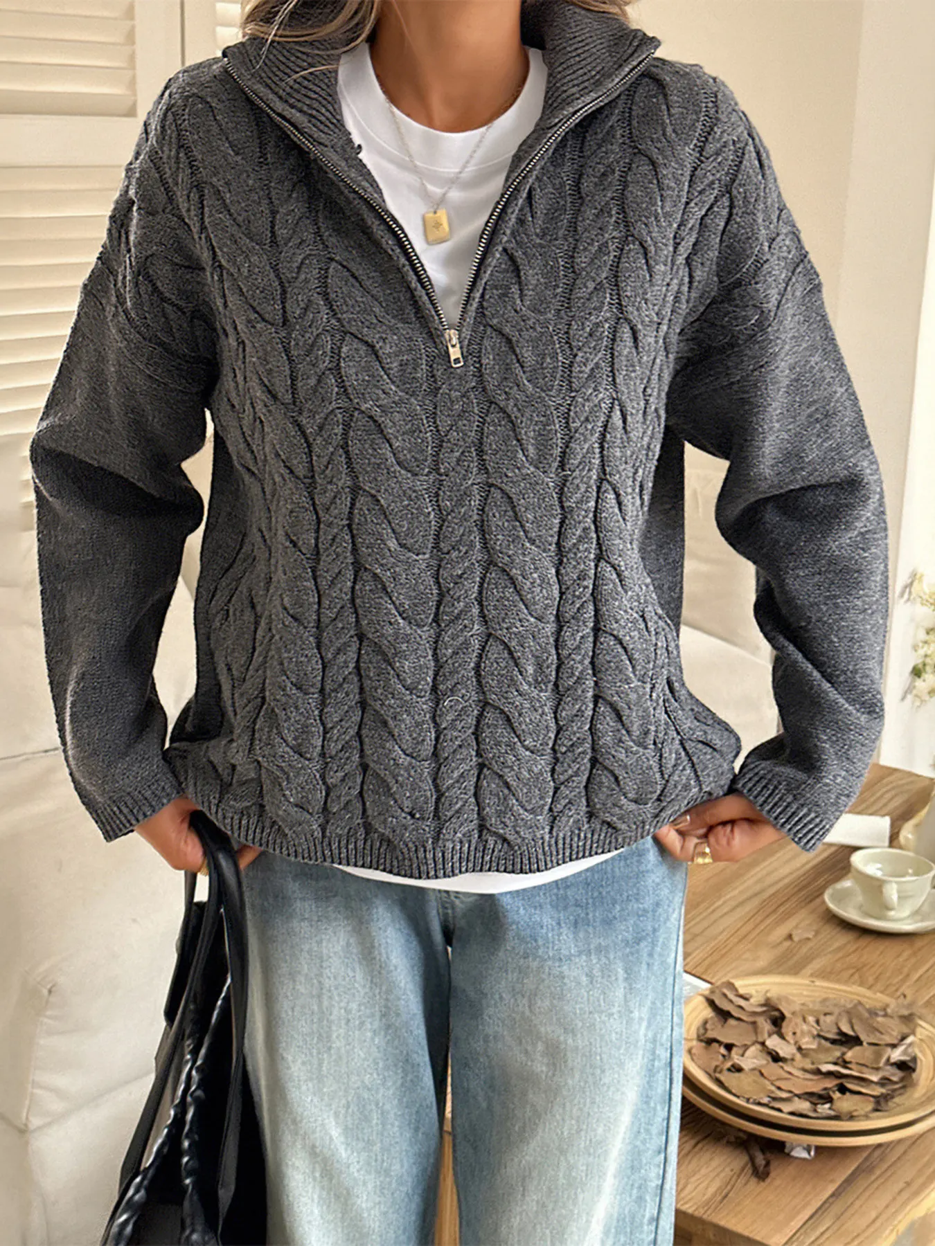 Zip Collar Cable-Knit Sweater 12