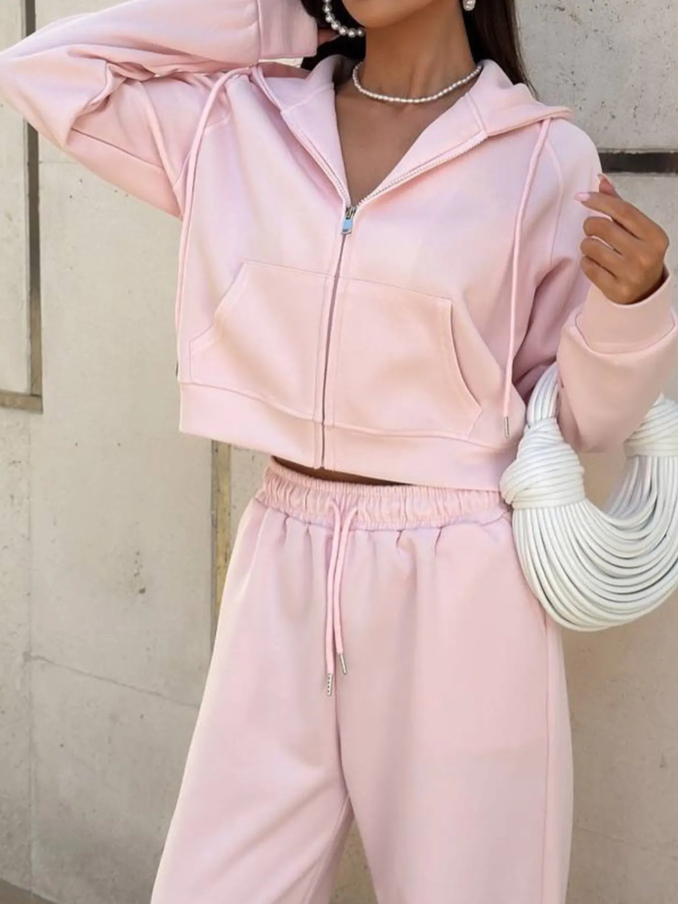 Zip Up Drawstring Hoodie and Pants Set 4