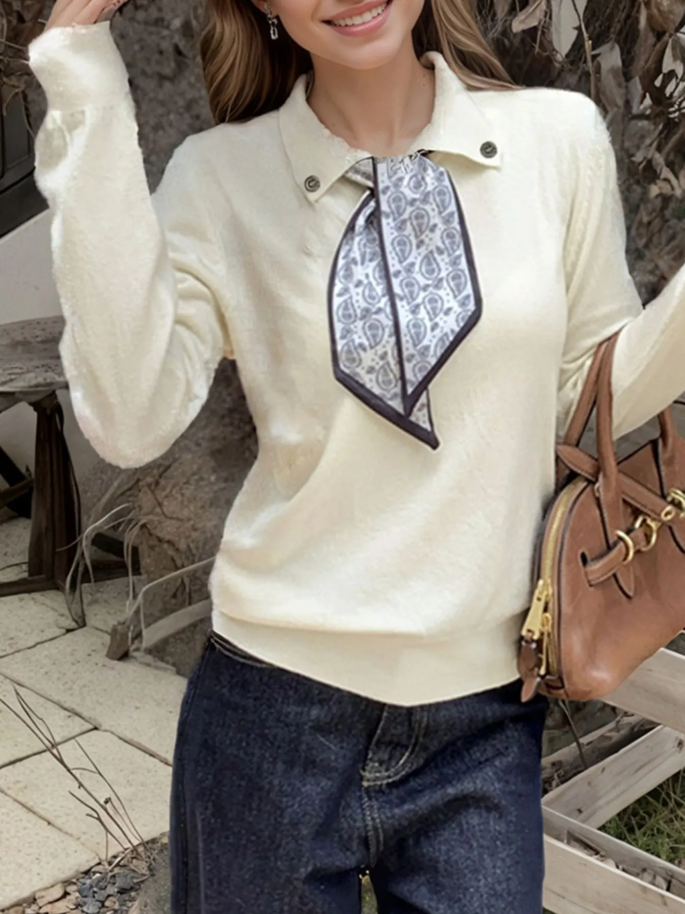 Scarf-Accented Long Sleeve Sweater 2