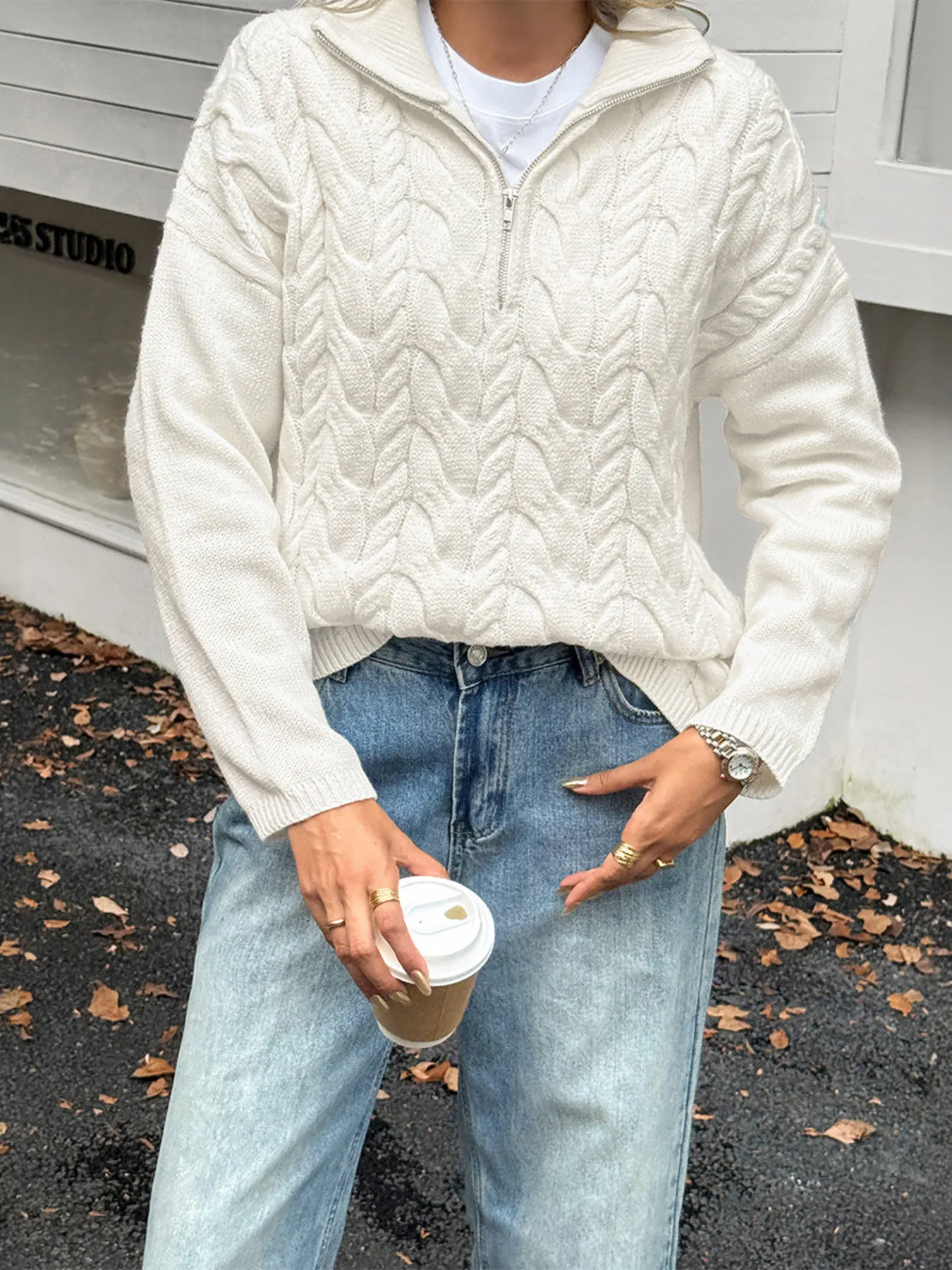 Zip Collar Cable-Knit Sweater 3