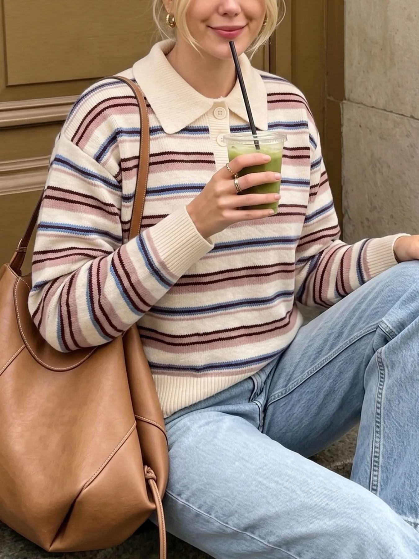 Striped Polo Collar Sweater 3