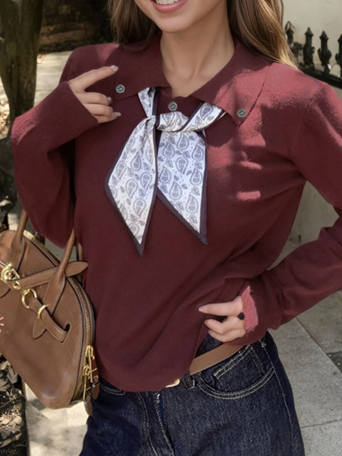 Scarf-Accented Long Sleeve Sweater 9