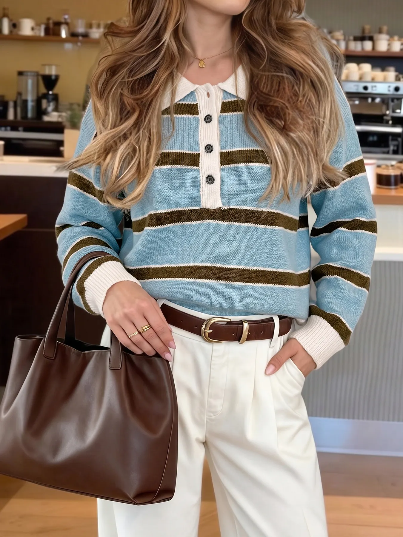 Striped Polo Collar Sweater 14