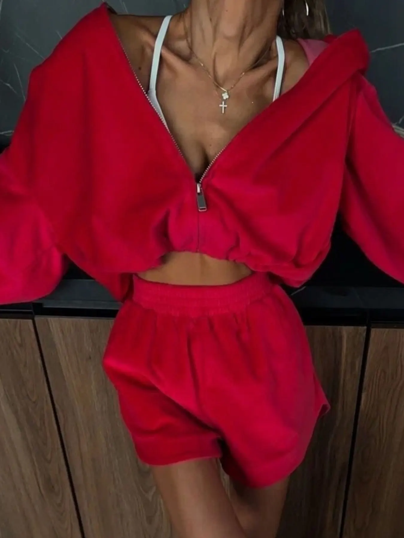 Long Sleeve Zip-Up Hoodie and Shorts Set 12