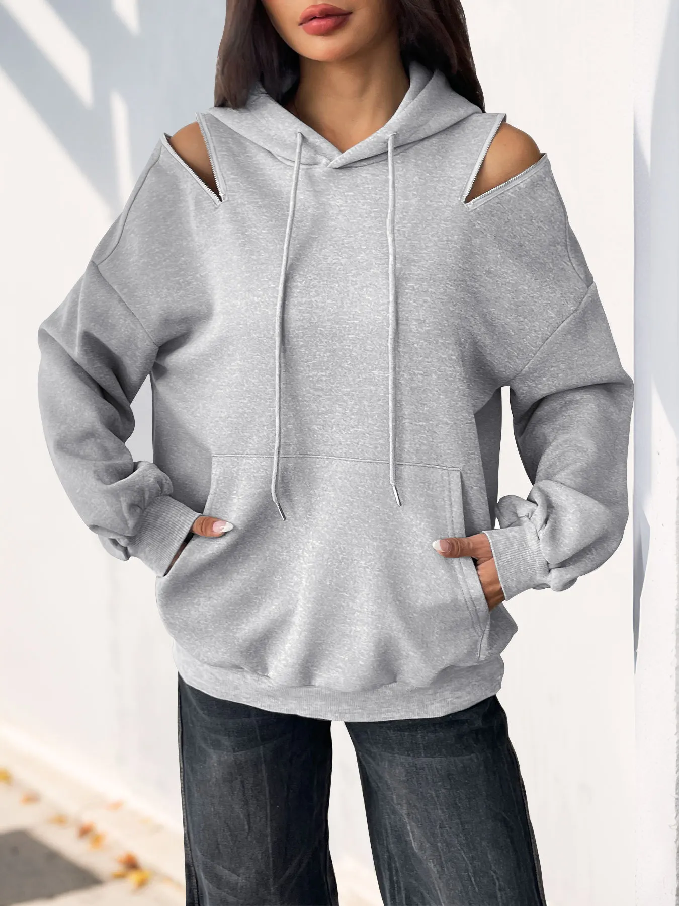 Drawstring Zip Detail Cold Shoulder Hoodie 2
