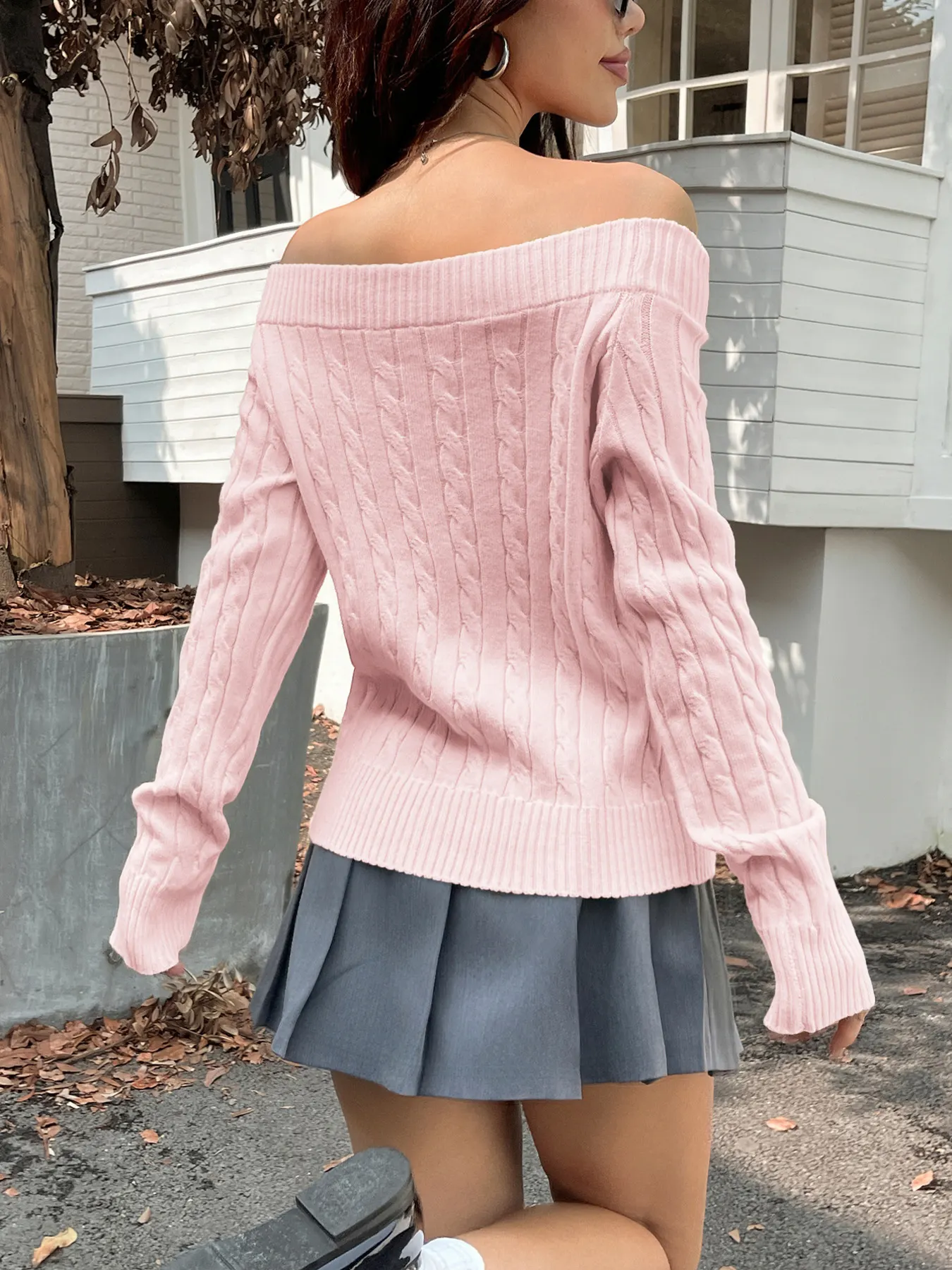 Off-Shoulder Cable Knit Sweater 11