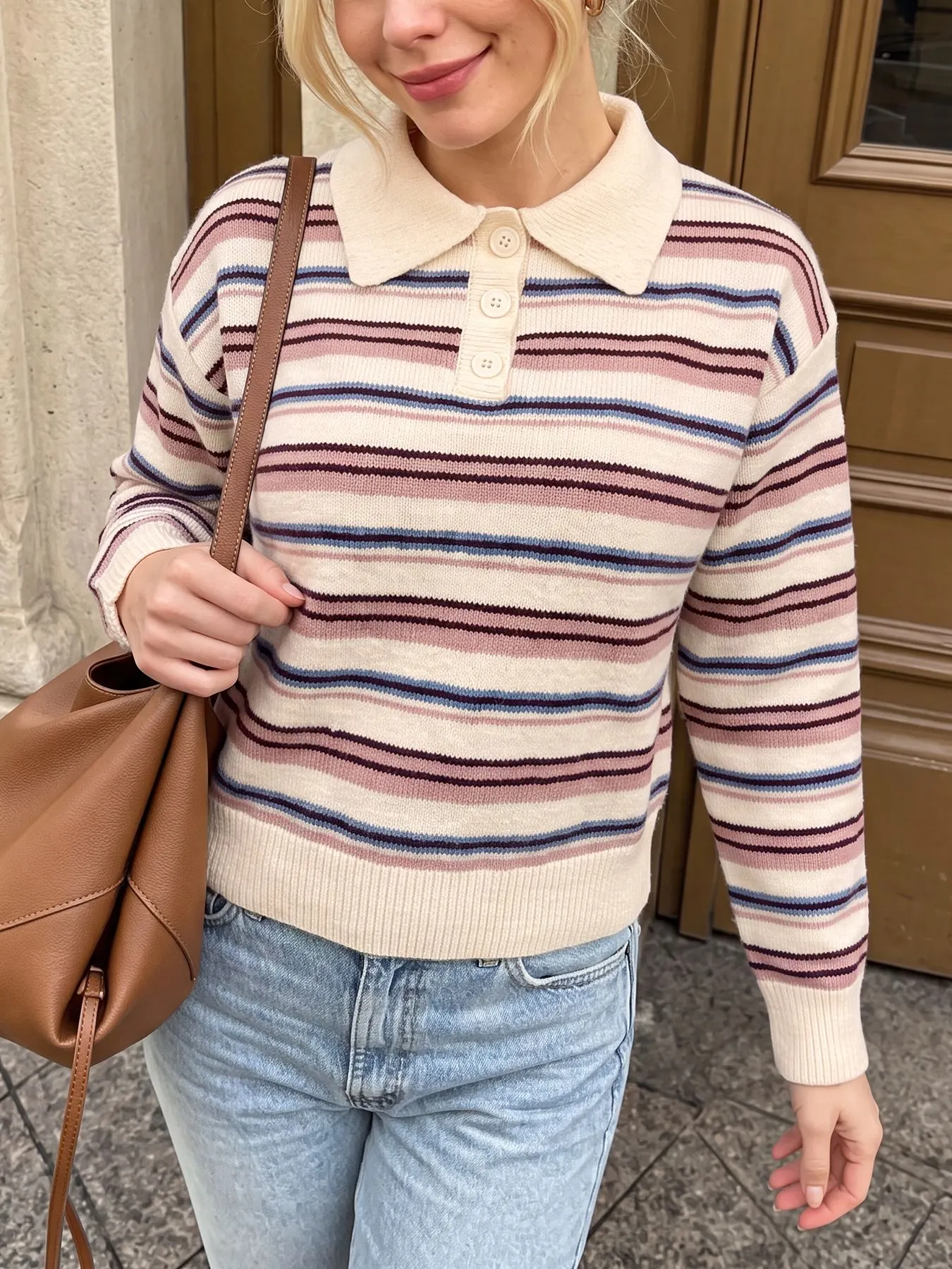 Striped Polo Collar Sweater 2