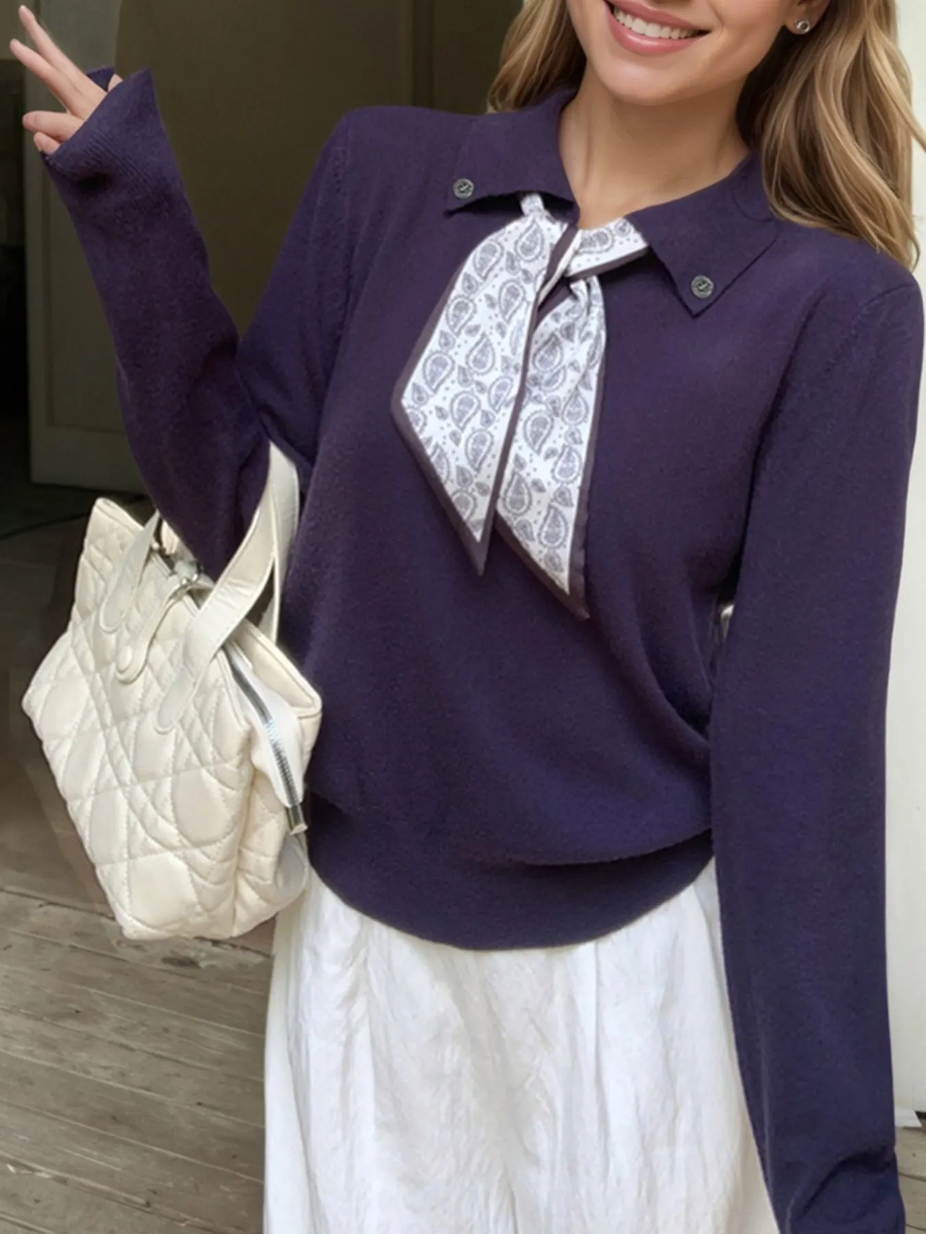 Scarf-Accented Long Sleeve Sweater 13