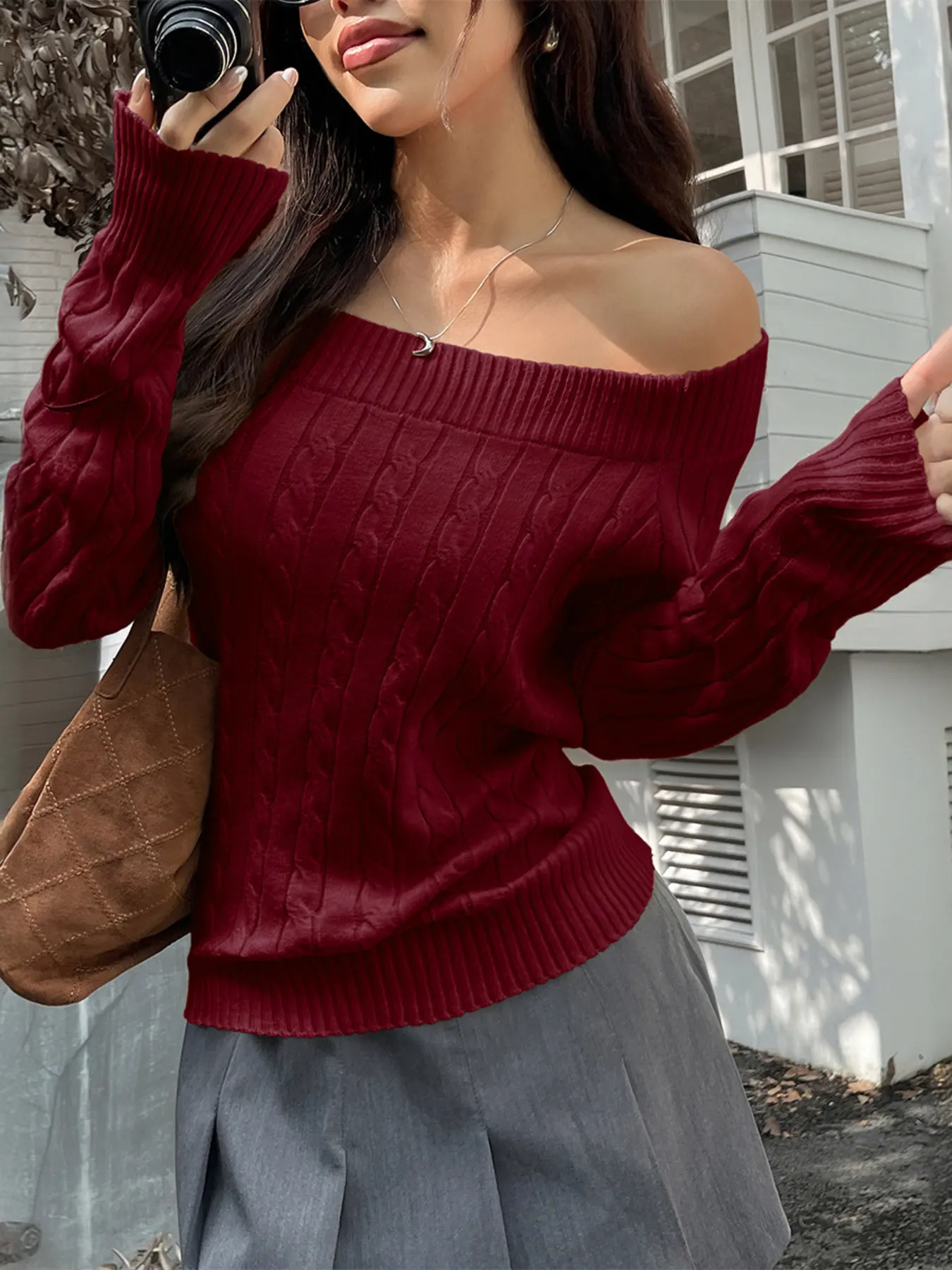 Off-Shoulder Cable Knit Sweater 7