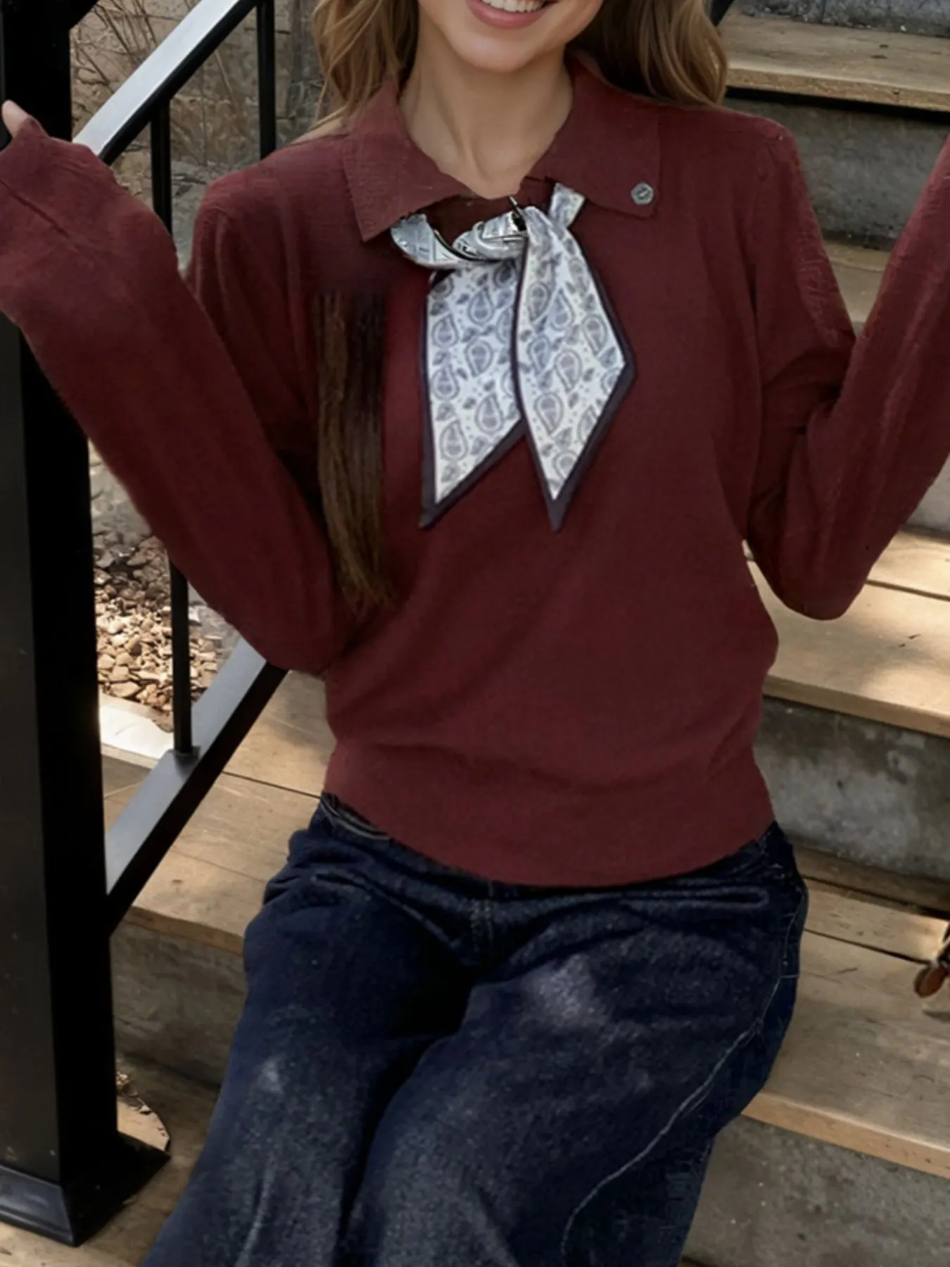Scarf-Accented Long Sleeve Sweater 10