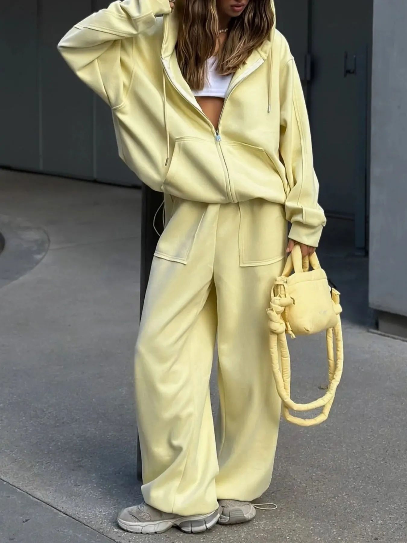 Oversized Zip-Up Hoodie and Wide-Leg Pants Set 26