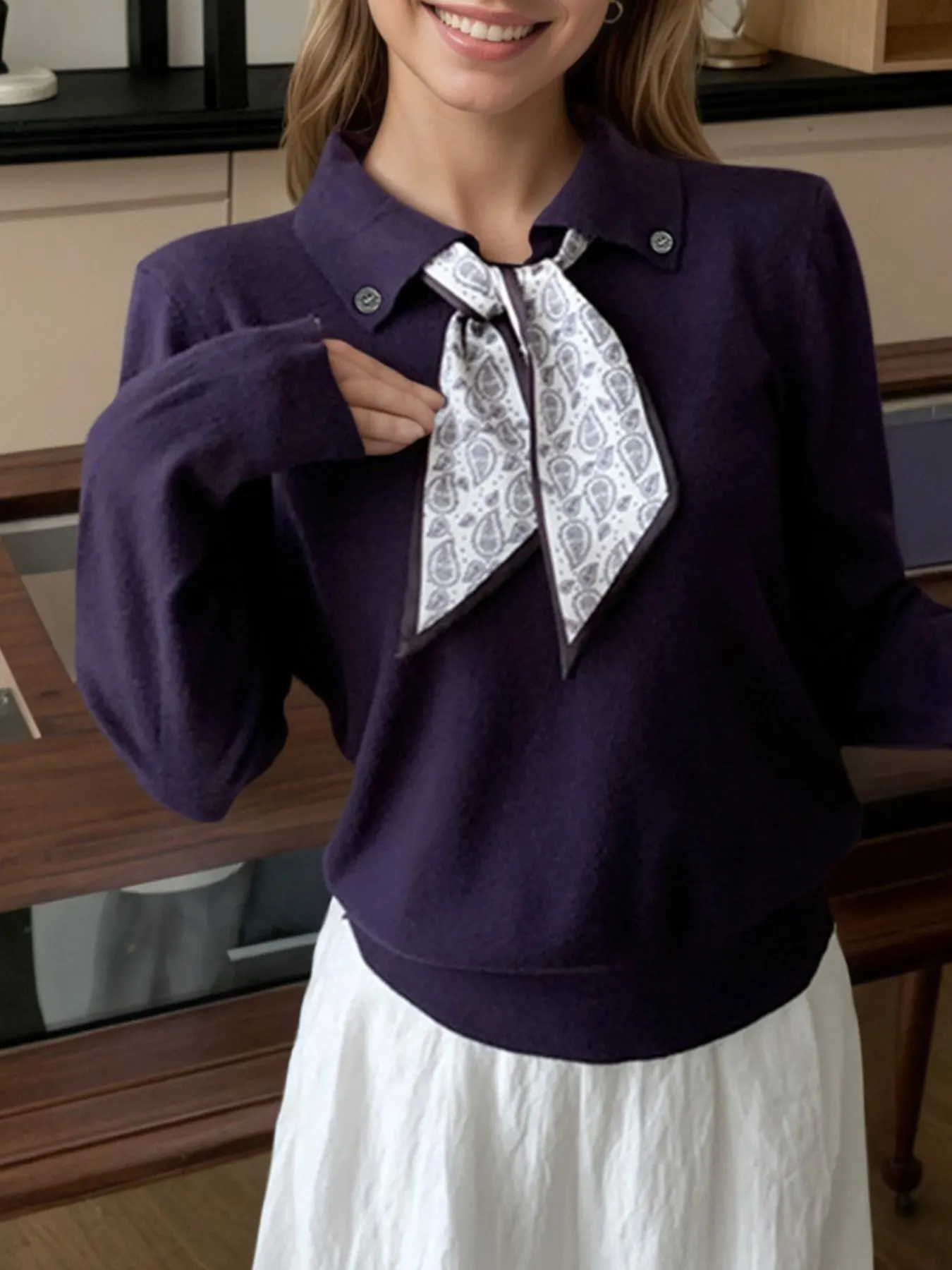 Scarf-Accented Long Sleeve Sweater 15