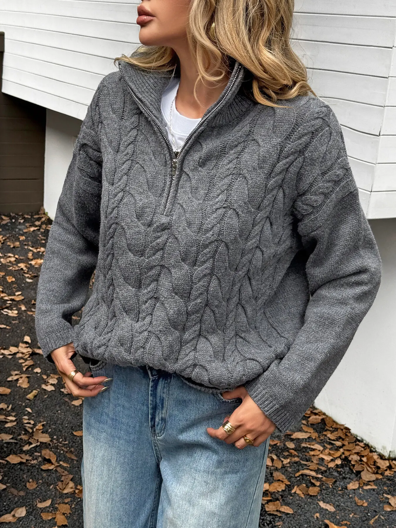 Zip Collar Cable-Knit Sweater 13