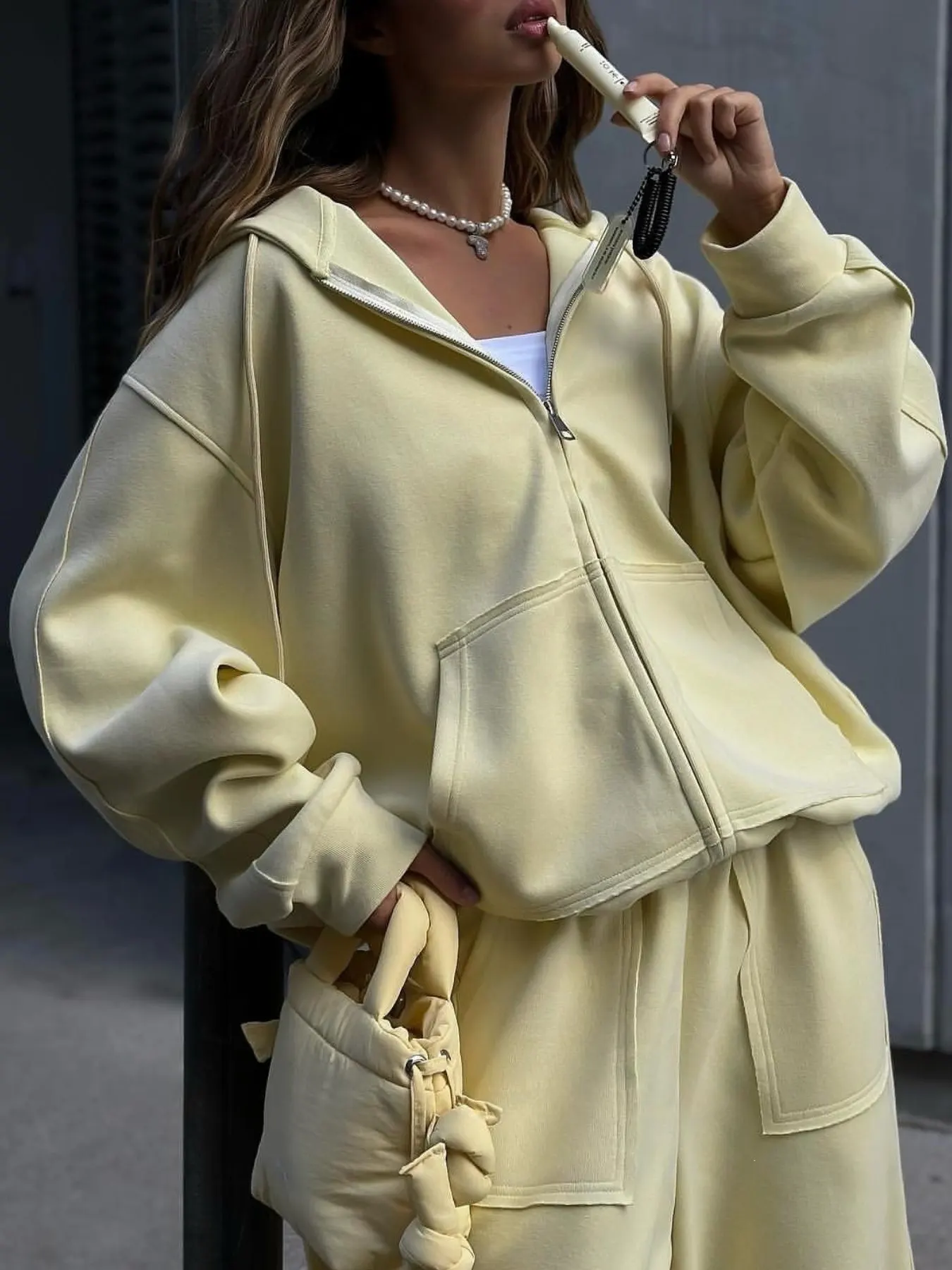 Oversized Zip-Up Hoodie and Wide-Leg Pants Set 23