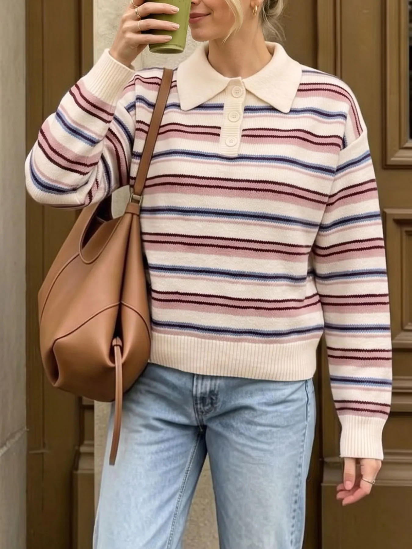 Striped Polo Collar Sweater 5