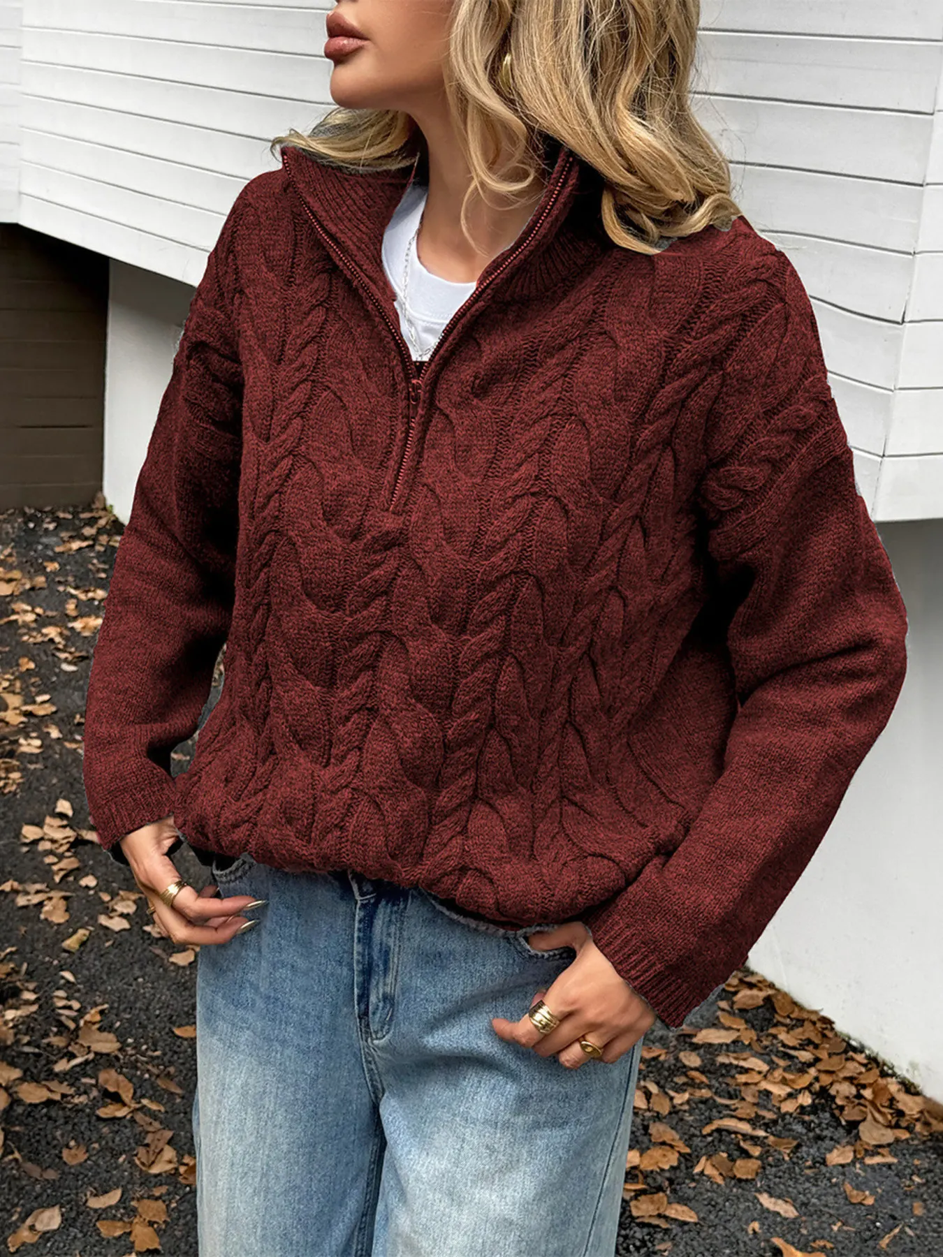 Zip Collar Cable-Knit Sweater 5