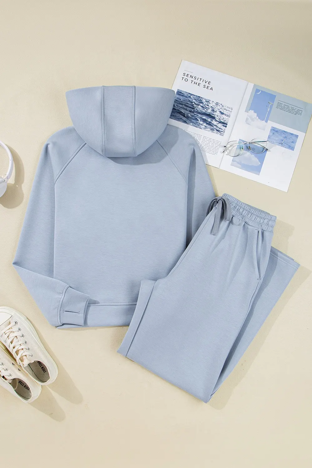 Half Zip Thumbhole Sleeve Hoodie and Pants 2pcs Outfit 4