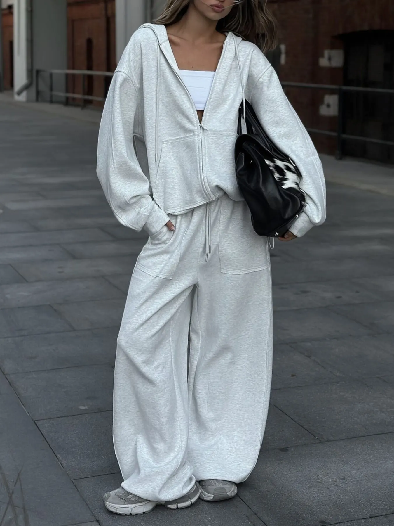 Oversized Zip-Up Hoodie and Wide-Leg Pants Set