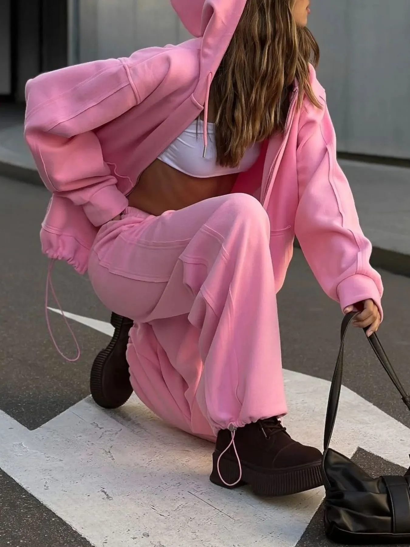 Oversized Zip-Up Hoodie and Wide-Leg Pants Set 21