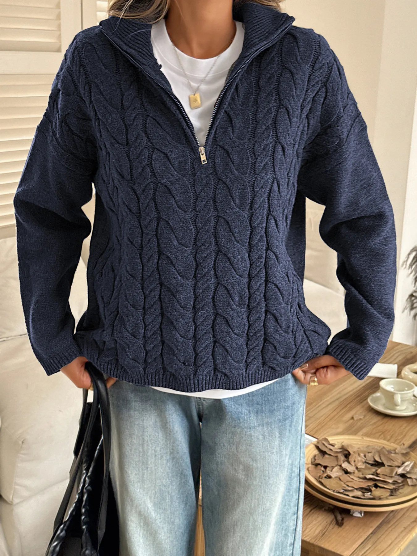 Zip Collar Cable-Knit Sweater 10