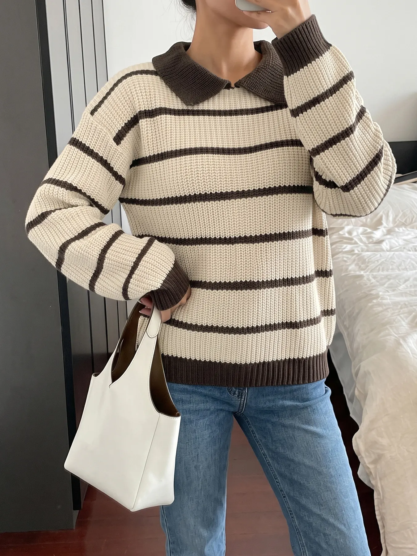 Striped Knit Polo Sweater