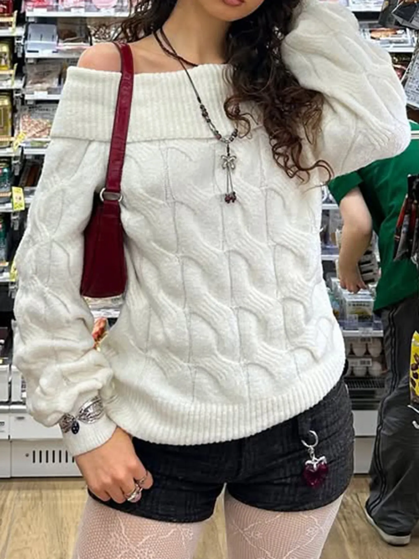 Cable Knit Off-Shoulder Sweater 4