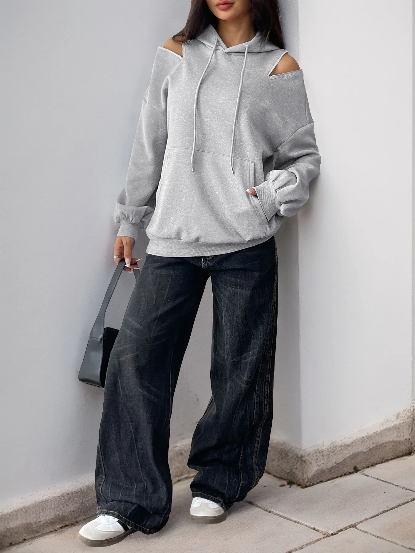 Drawstring Zip Detail Cold Shoulder Hoodie 5