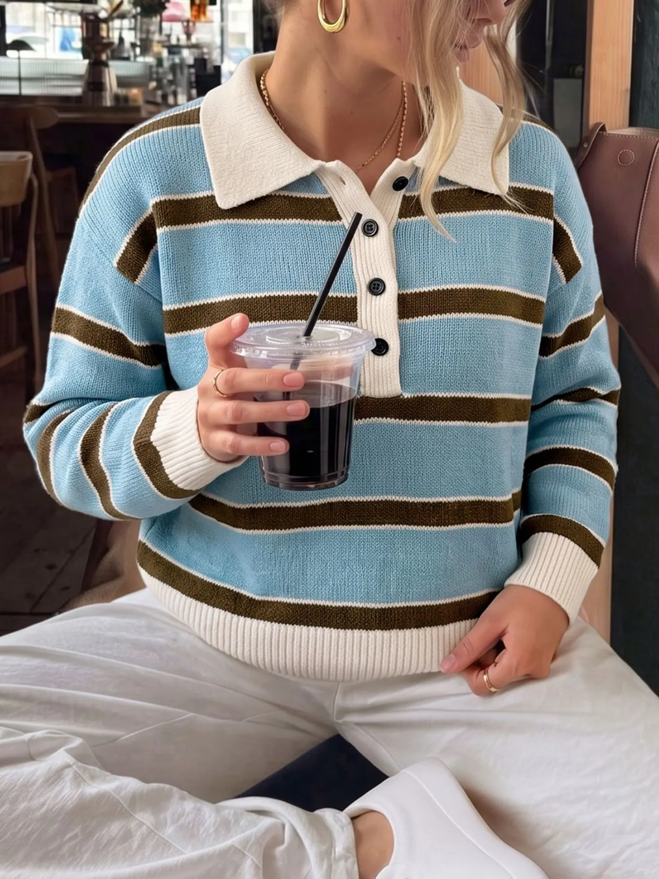 Striped Polo Collar Sweater 15