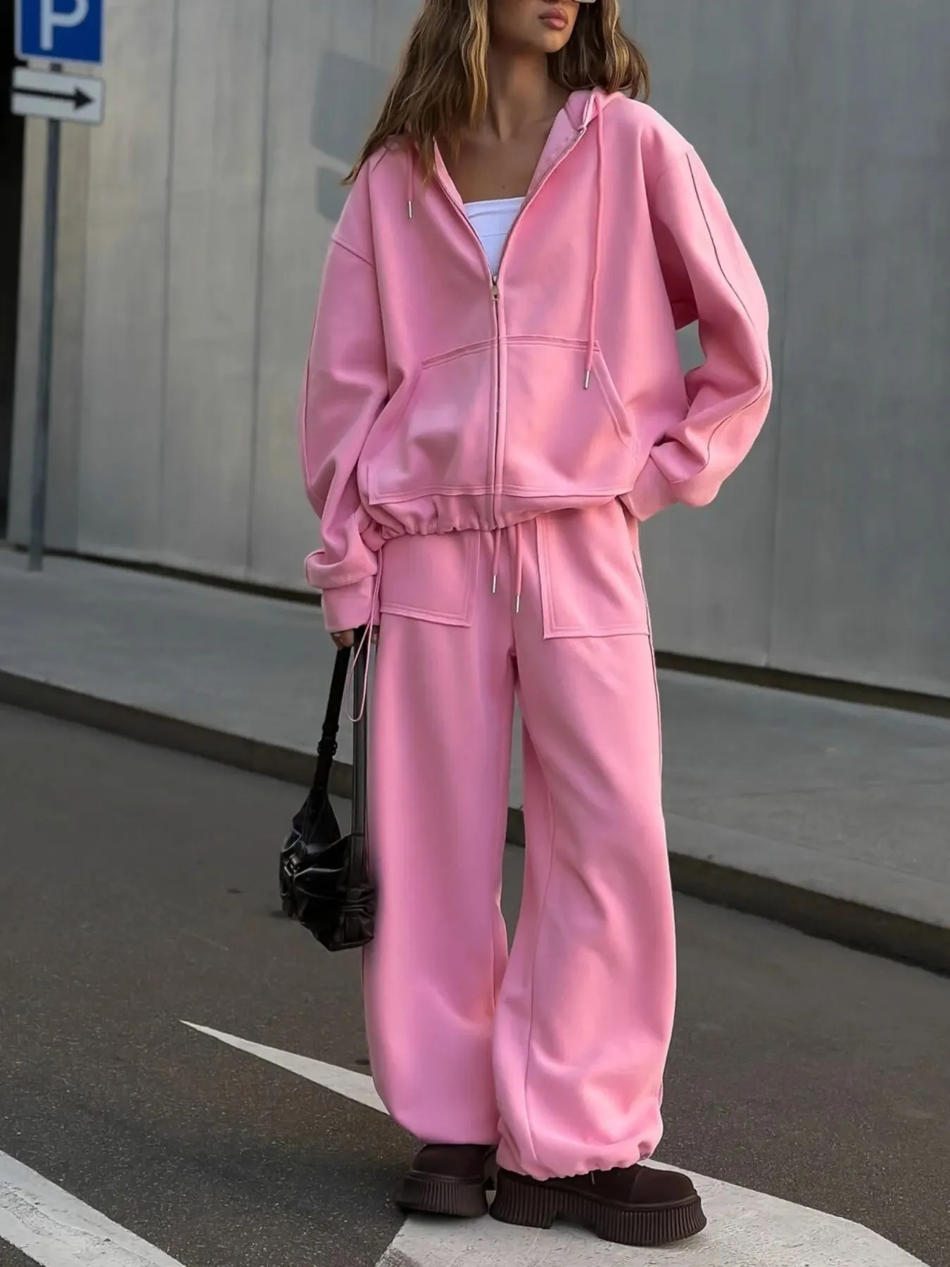 Oversized Zip-Up Hoodie and Wide-Leg Pants Set 20