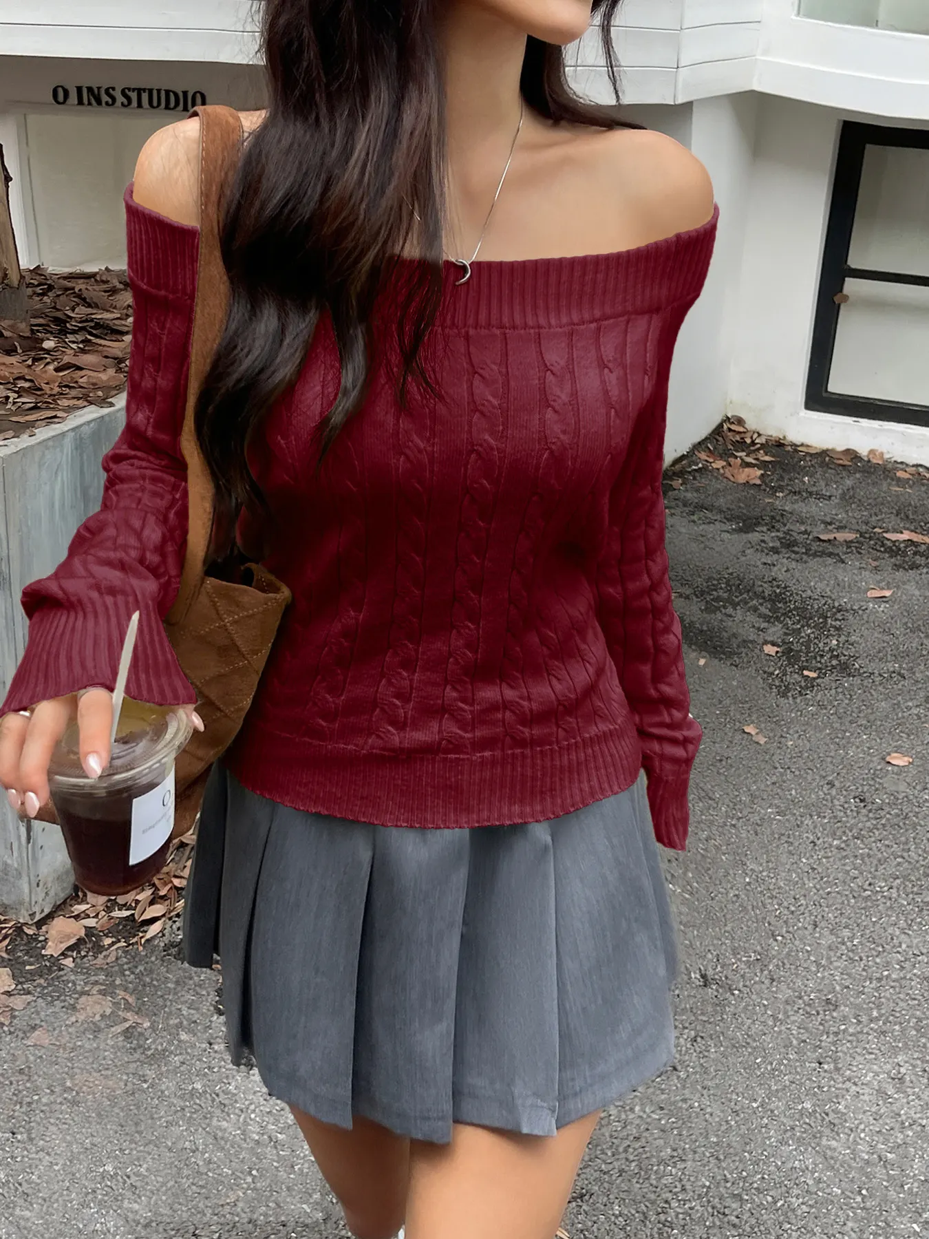 Off-Shoulder Cable Knit Sweater 8